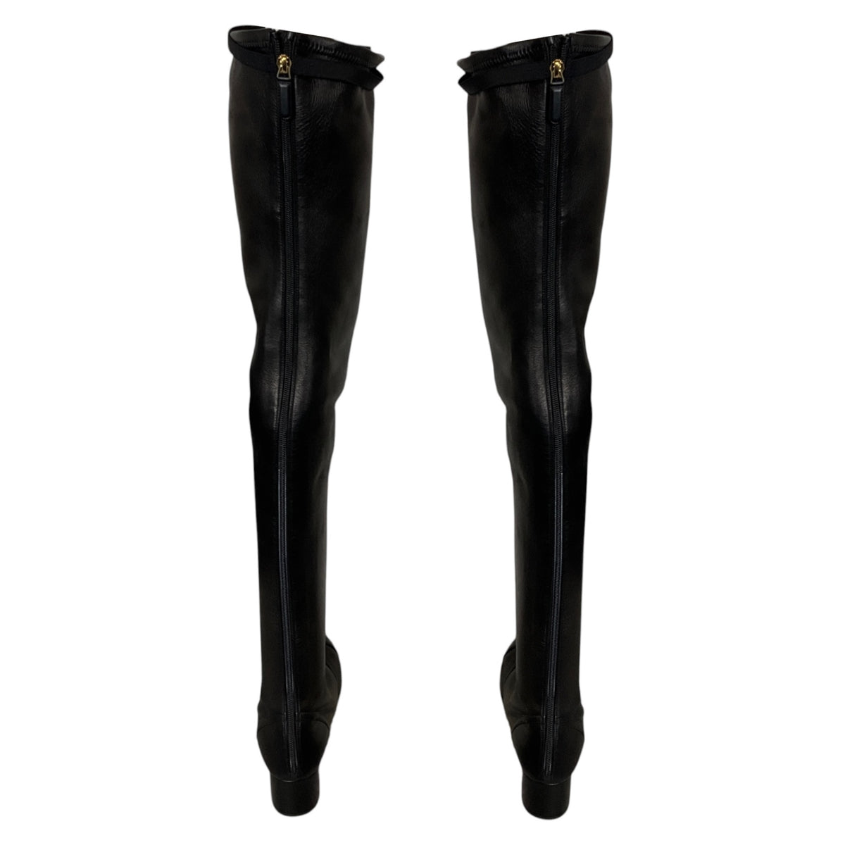 Chanel Black Interlocking CC Logo Cap Toe Over-the-Knee Thigh High Stretch Smooth Lambskin Leather Boots with CC Logo Grosgrain Bow Accent