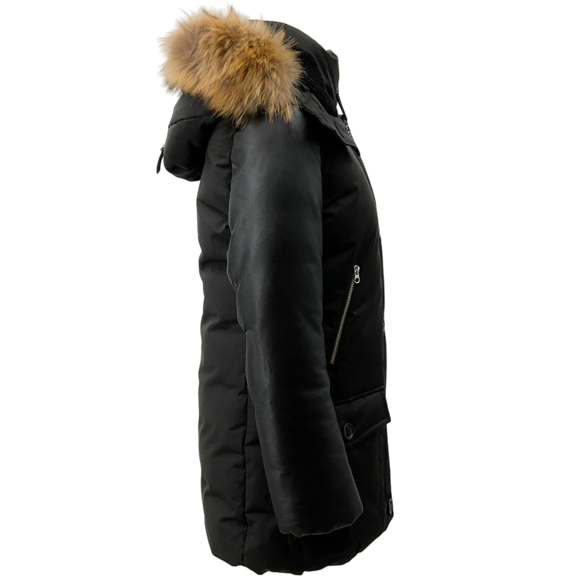 Mackage Black Puffer Coat with Leather Sleeves and Fur Trimmed Hood