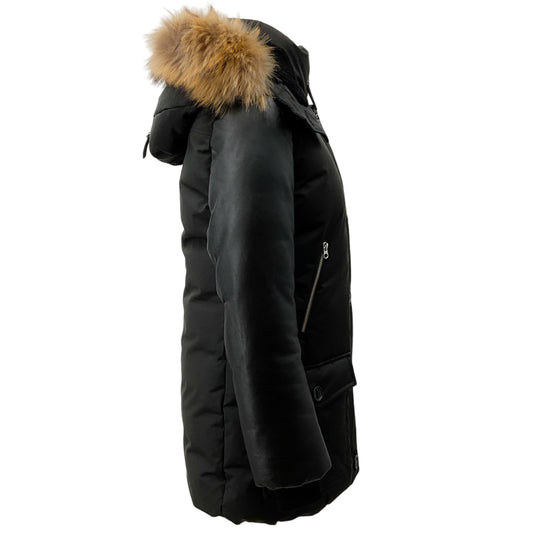 Mackage Black Puffer Coat with Leather Sleeves and Fur Trimmed Hood