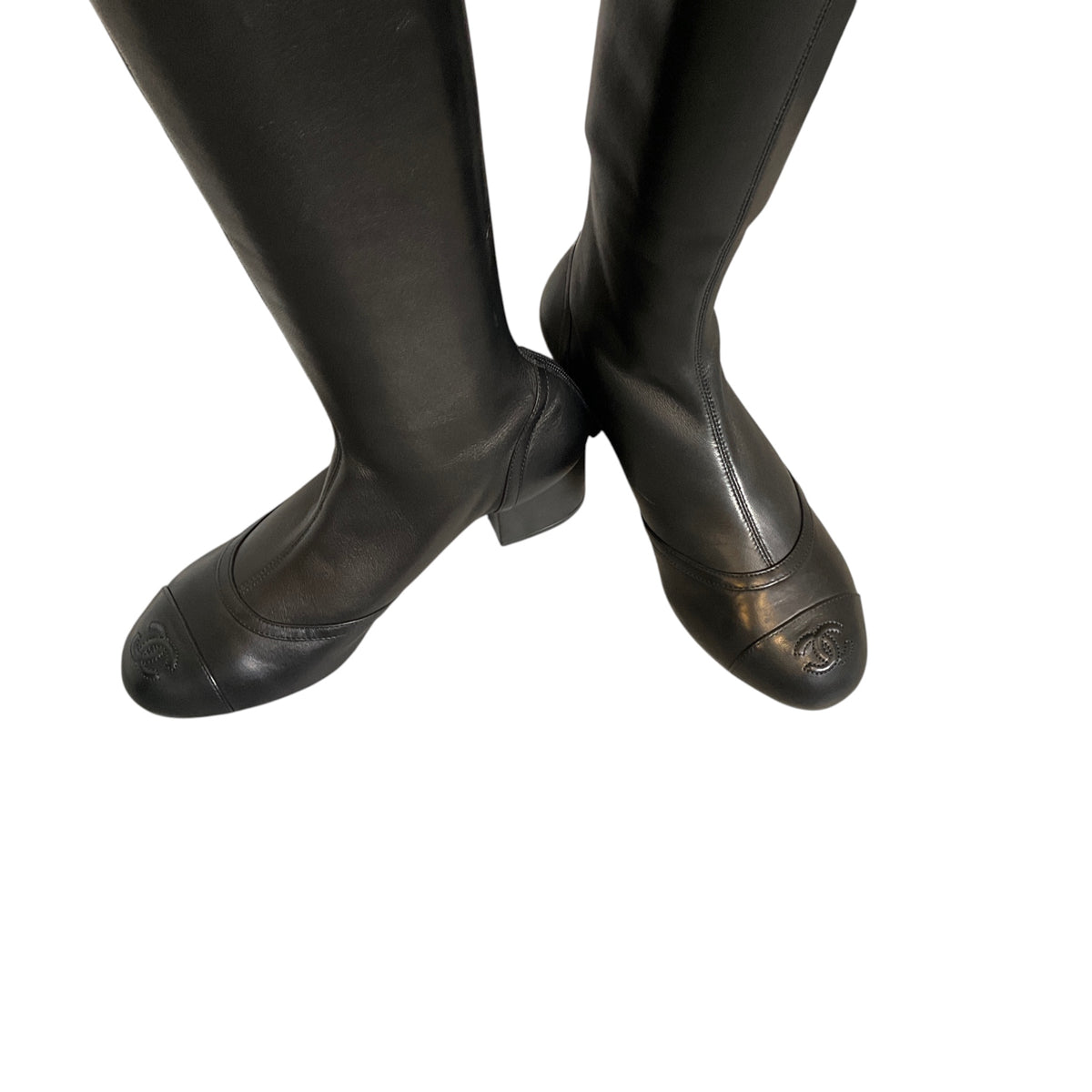 Chanel Black Interlocking CC Logo Cap Toe Over-the-Knee Thigh High Stretch Smooth Lambskin Leather Boots with CC Logo Grosgrain Bow Accent