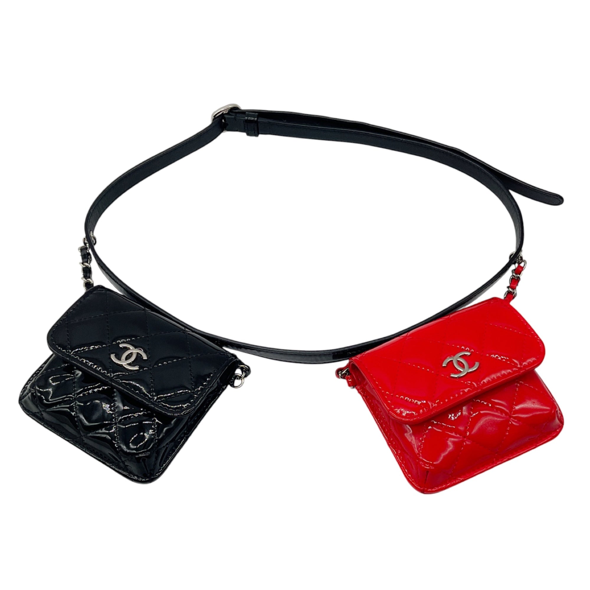 Chanel Black / Red 2020 Patent Quilted Belt In Love Double Mini Flap Waist Bag