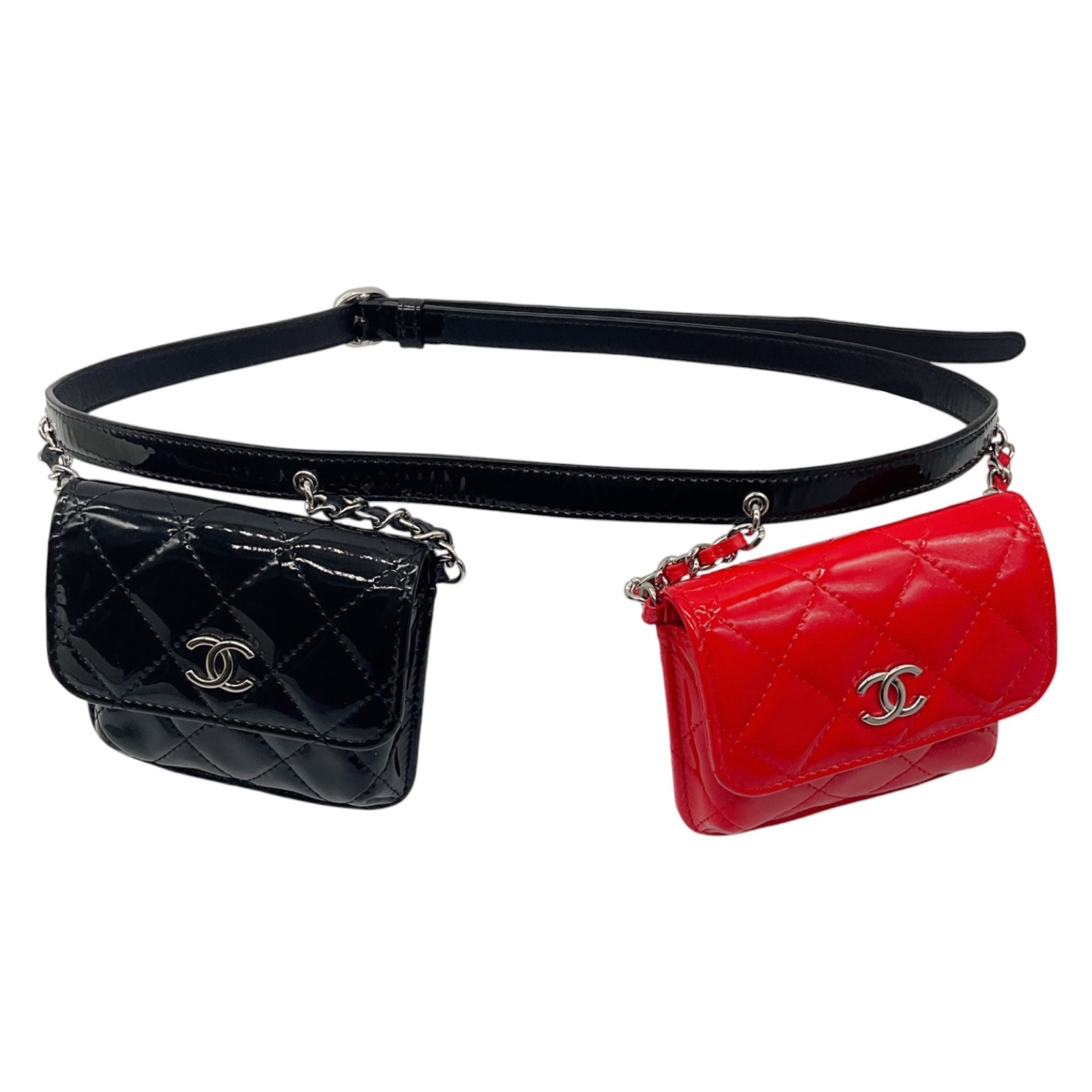 Chanel Black / Red 2020 Patent Quilted Belt In Love Double Mini Flap Waist Bag