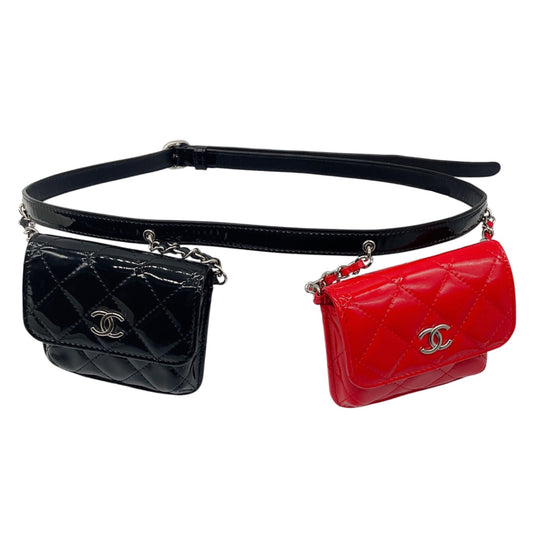 Chanel Black / Red 2020 Patent Quilted Belt In Love Double Mini Flap Waist Bag