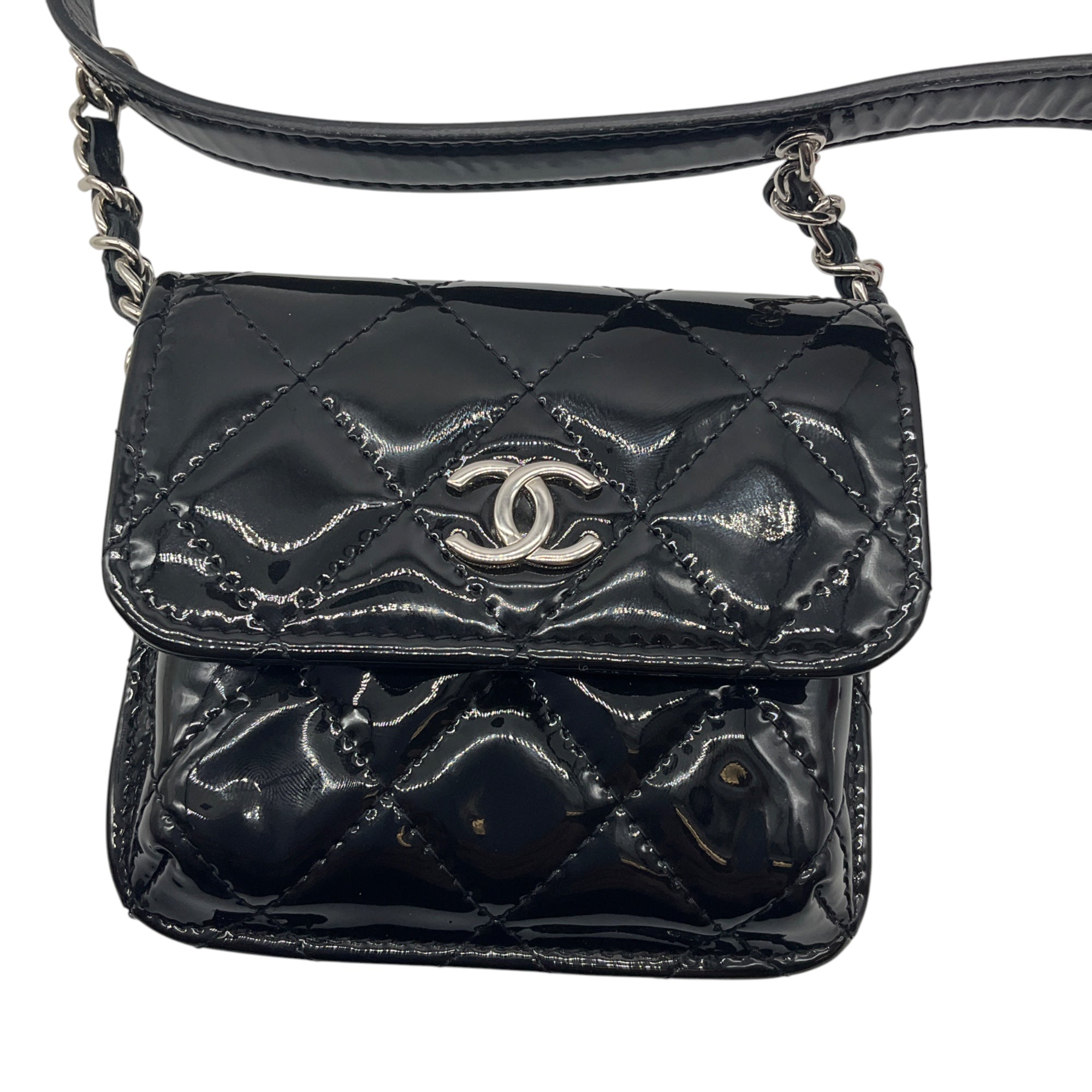 Chanel Black / Red 2020 Patent Quilted Belt In Love Double Mini Flap Waist Bag