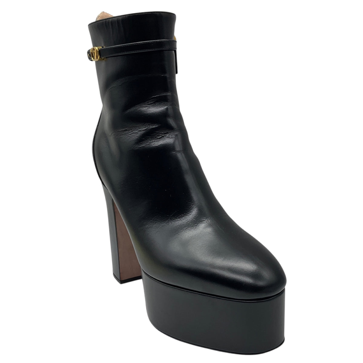 Valentino Black Platform Leather Ankle Boots with Gold VLogo Detail