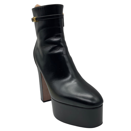 Valentino Black Platform Leather Ankle Boots with Gold VLogo Detail