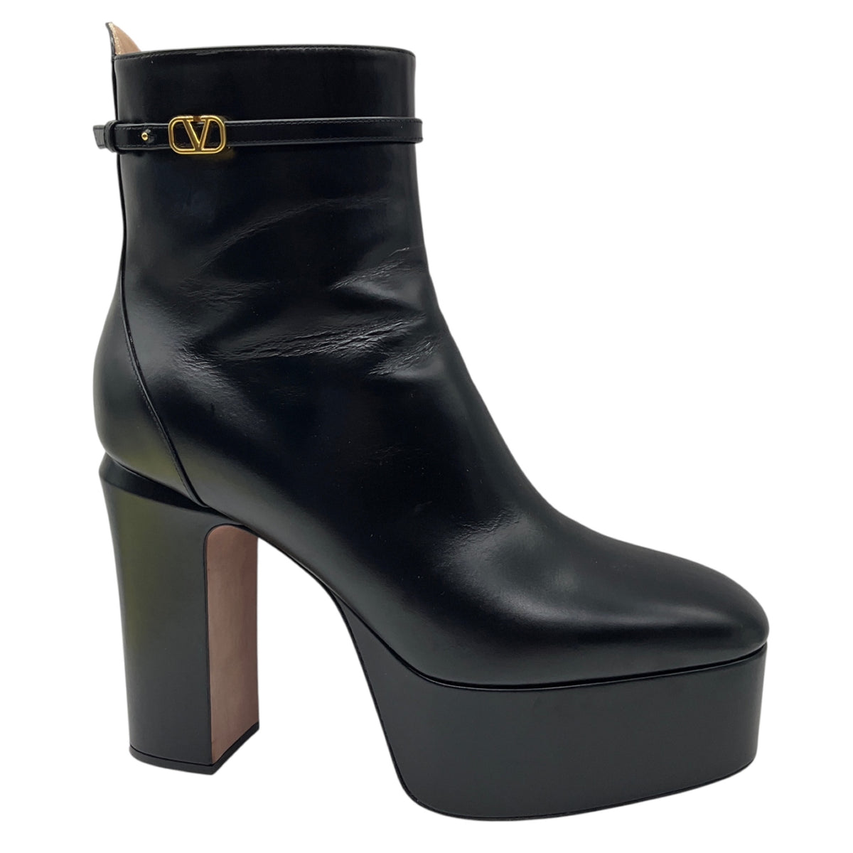 Valentino Black Platform Leather Ankle Boots with Gold VLogo Detail