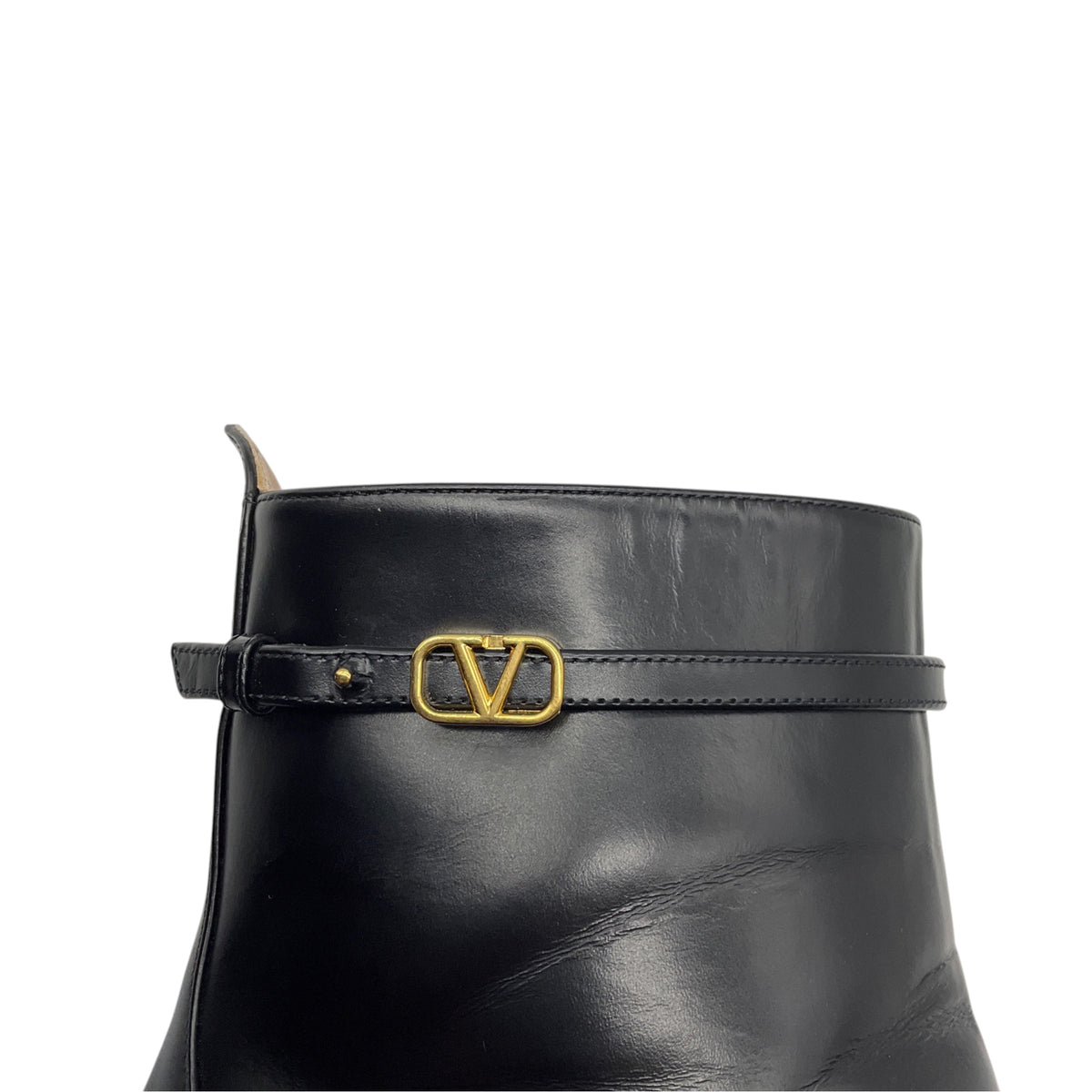 Valentino Black Platform Leather Ankle Boots with Gold VLogo Detail