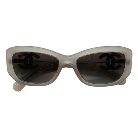 Chanel Milky Grey / Silver CC Logo Frosted Rectangular Acetate Sunglasses