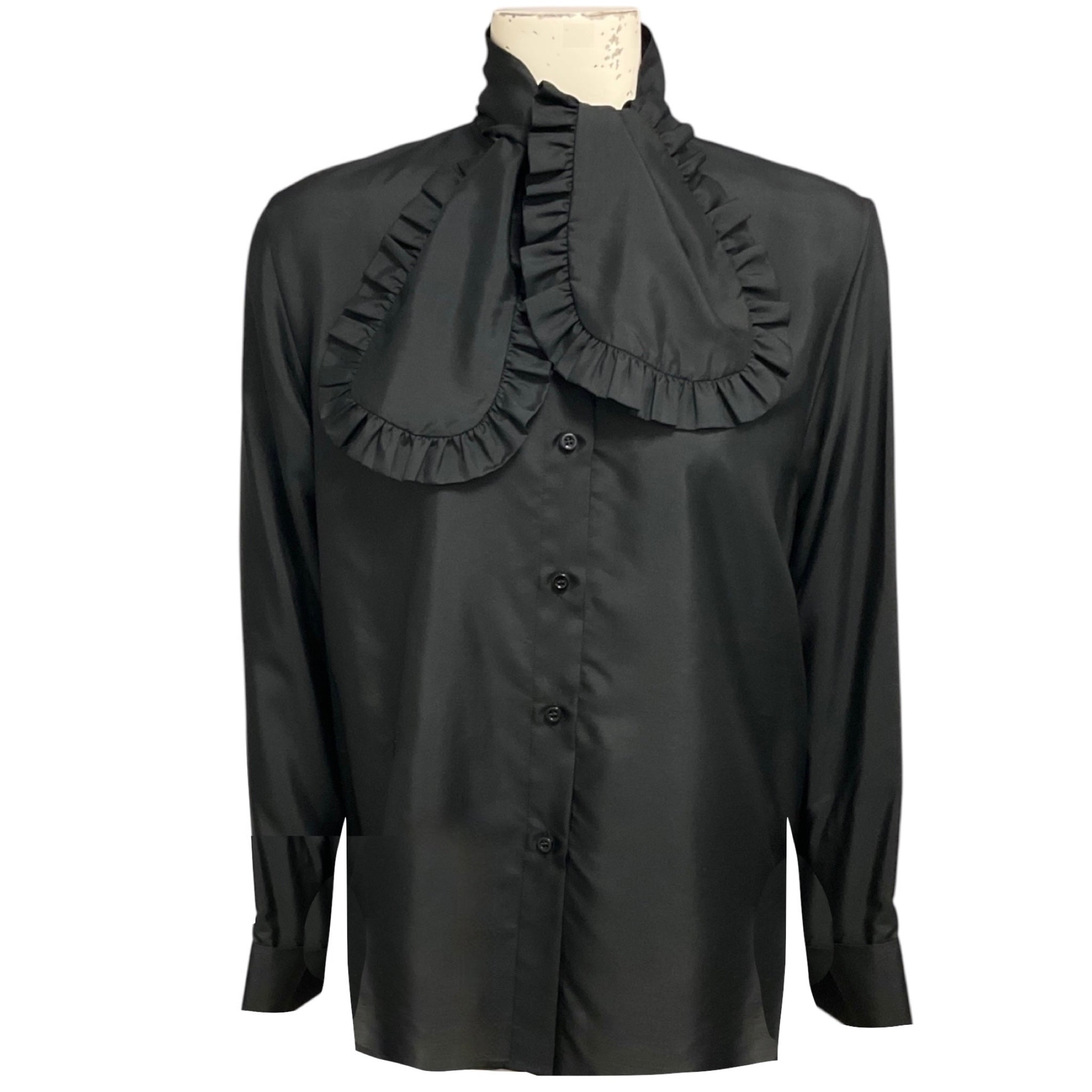 Christian Dior Black CD Logo Bee Embroidered Button Front Silk Blouse with Ruffle Collar