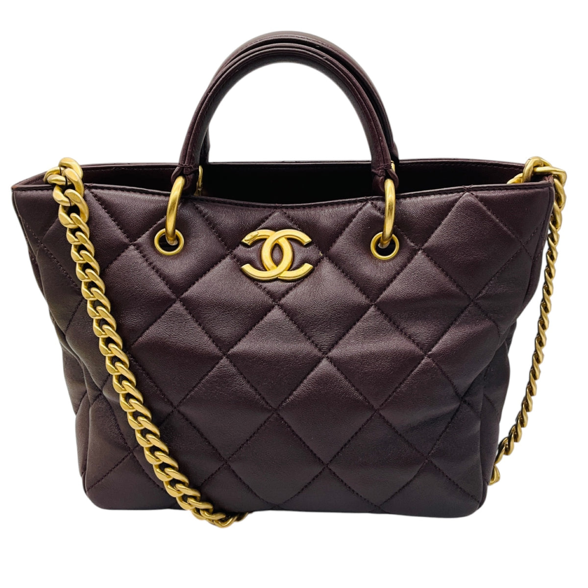 Chanel Burgundy 2023 CC Logo Quilted Lambskin Leather Shopper Tote Handbag with Brushed Gold Hardware