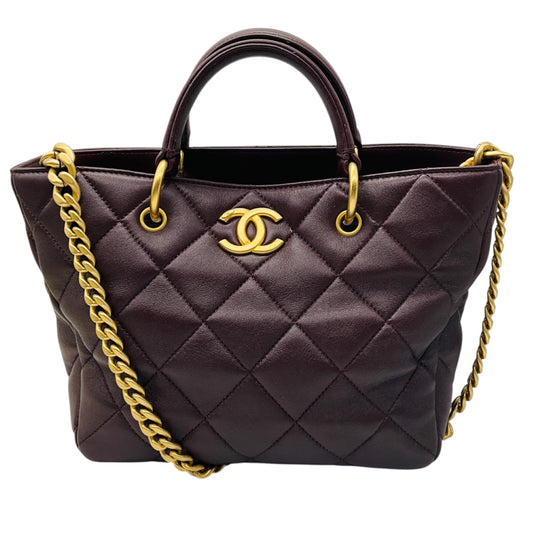Chanel Burgundy 2023 CC Logo Quilted Lambskin Leather Shopper Tote Handbag with Brushed Gold Hardware