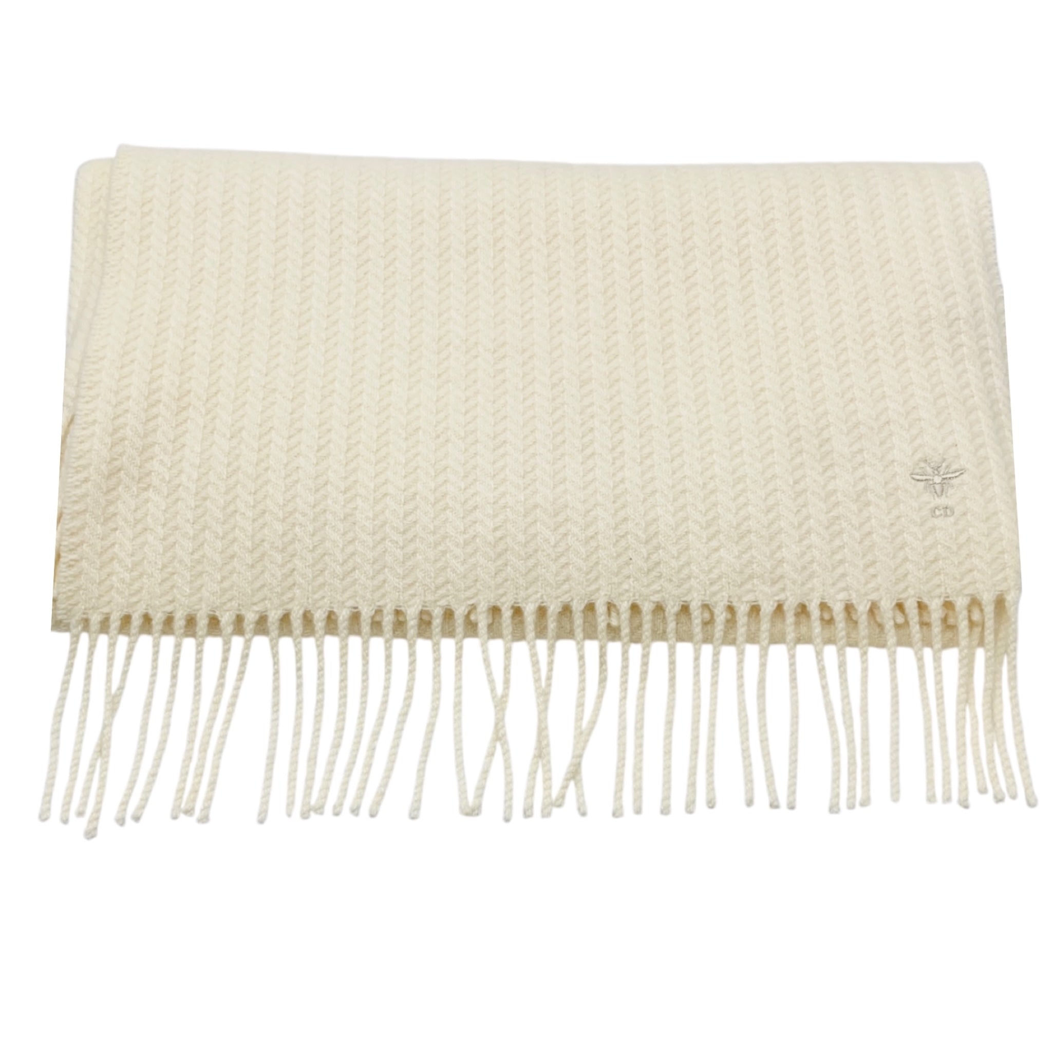 Christian Dior Ivory Fringed CD Logo Bee Embroidered Long Cashmere Knit Scarf