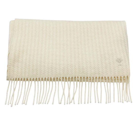 Christian Dior Ivory Fringed CD Logo Bee Embroidered Long Cashmere Knit Scarf