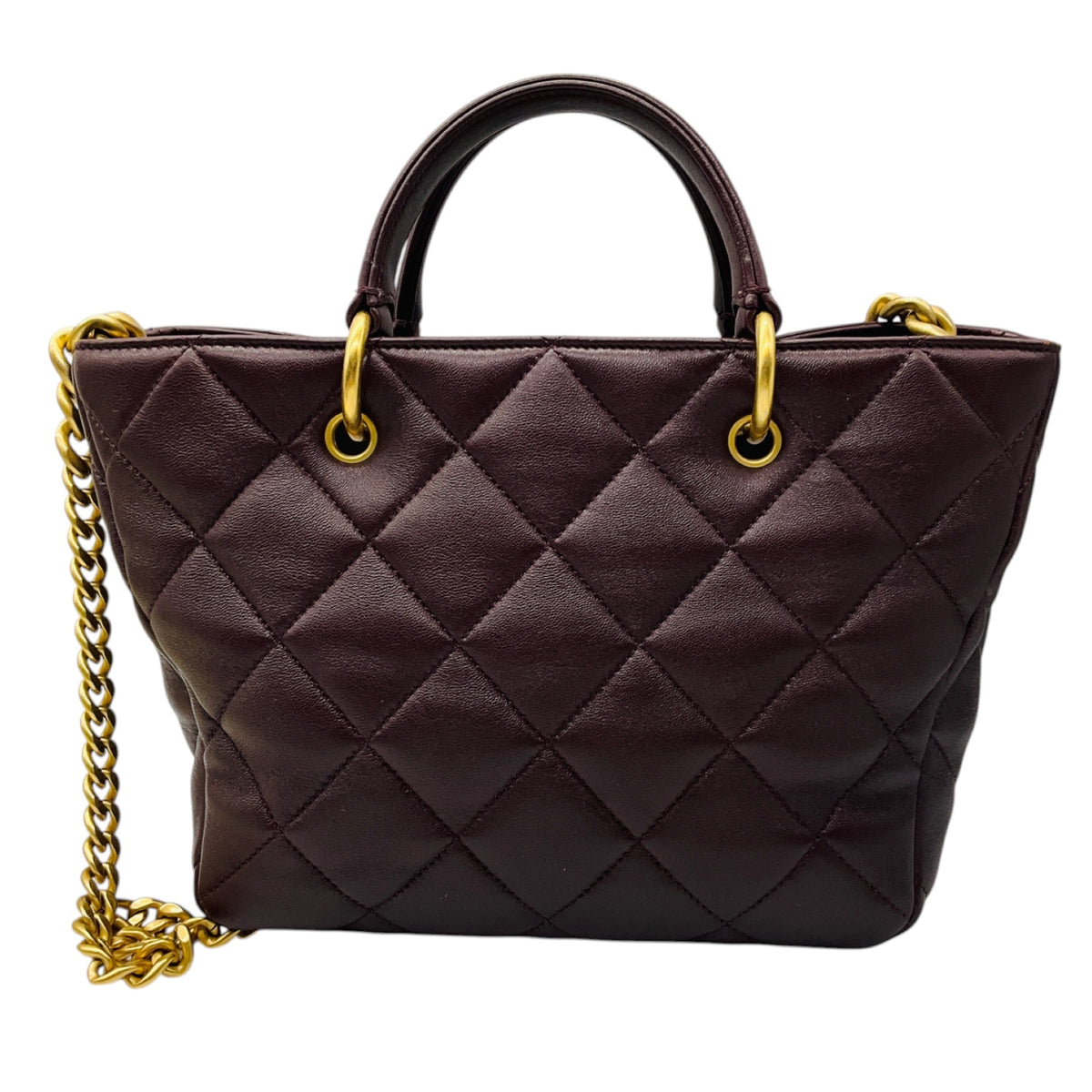 Chanel Burgundy 2023 CC Logo Quilted Lambskin Leather Shopper Tote Handbag with Brushed Gold Hardware
