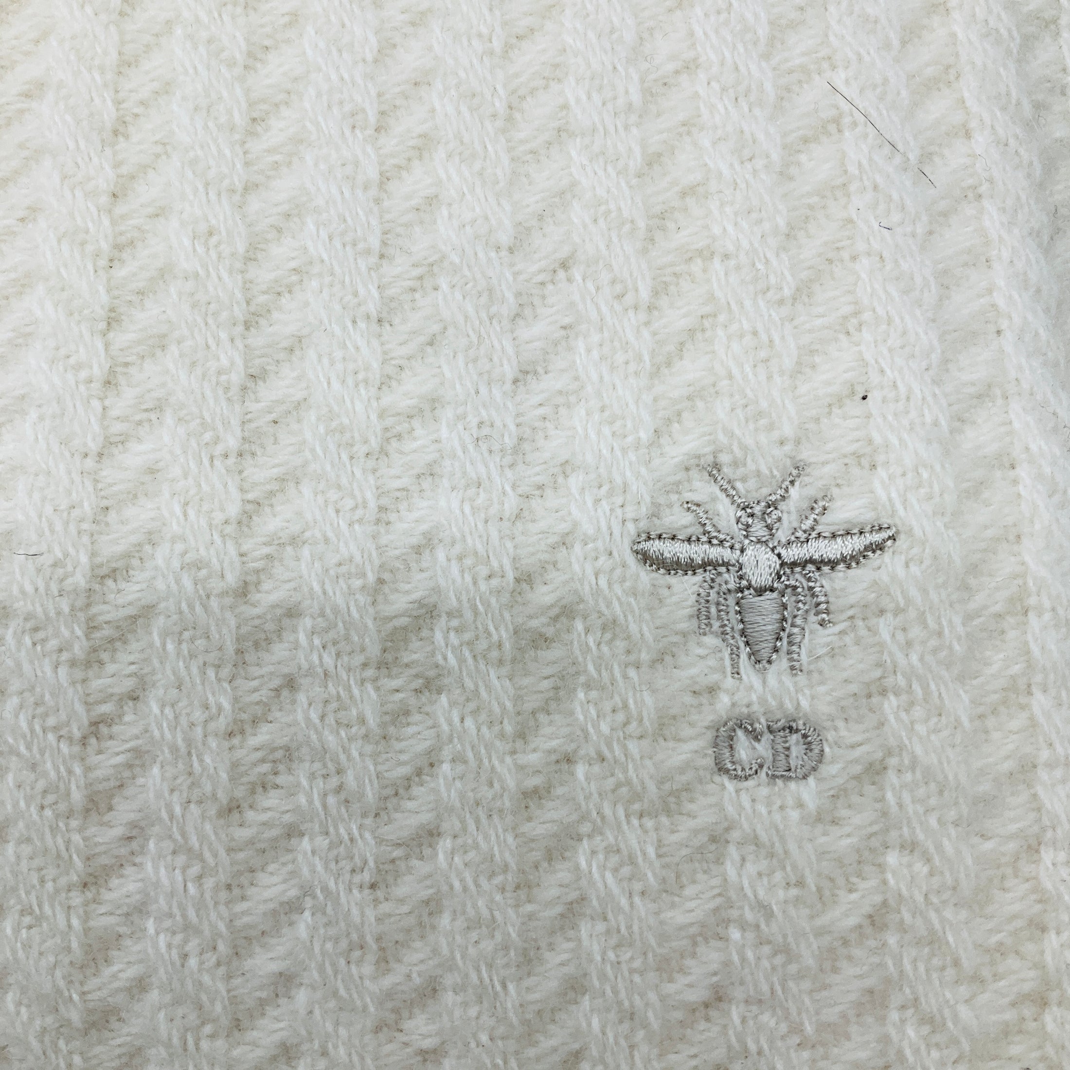 Christian Dior Ivory Fringed CD Logo Bee Embroidered Long Cashmere Knit Scarf
