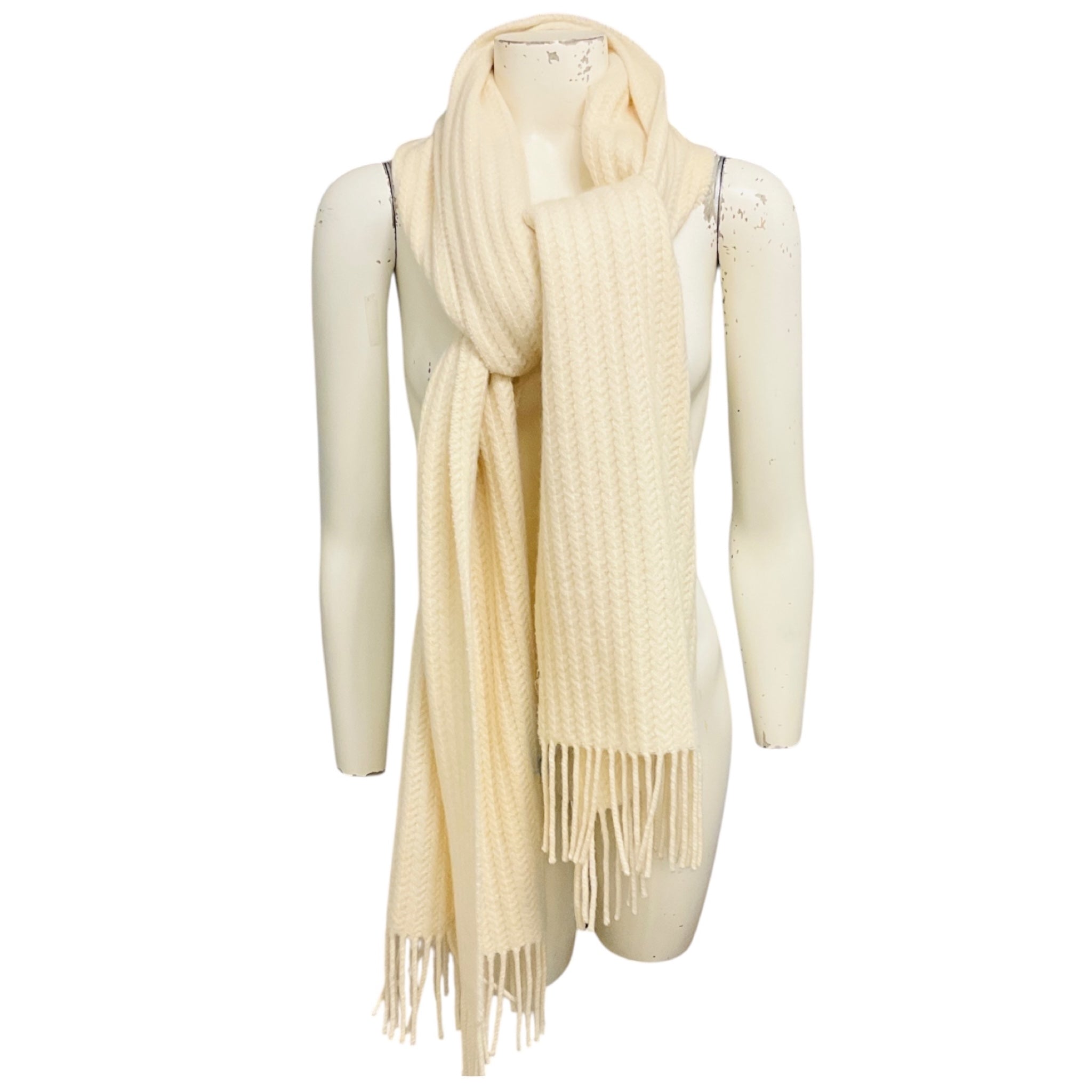 Christian Dior Ivory Fringed CD Logo Bee Embroidered Long Cashmere Knit Scarf