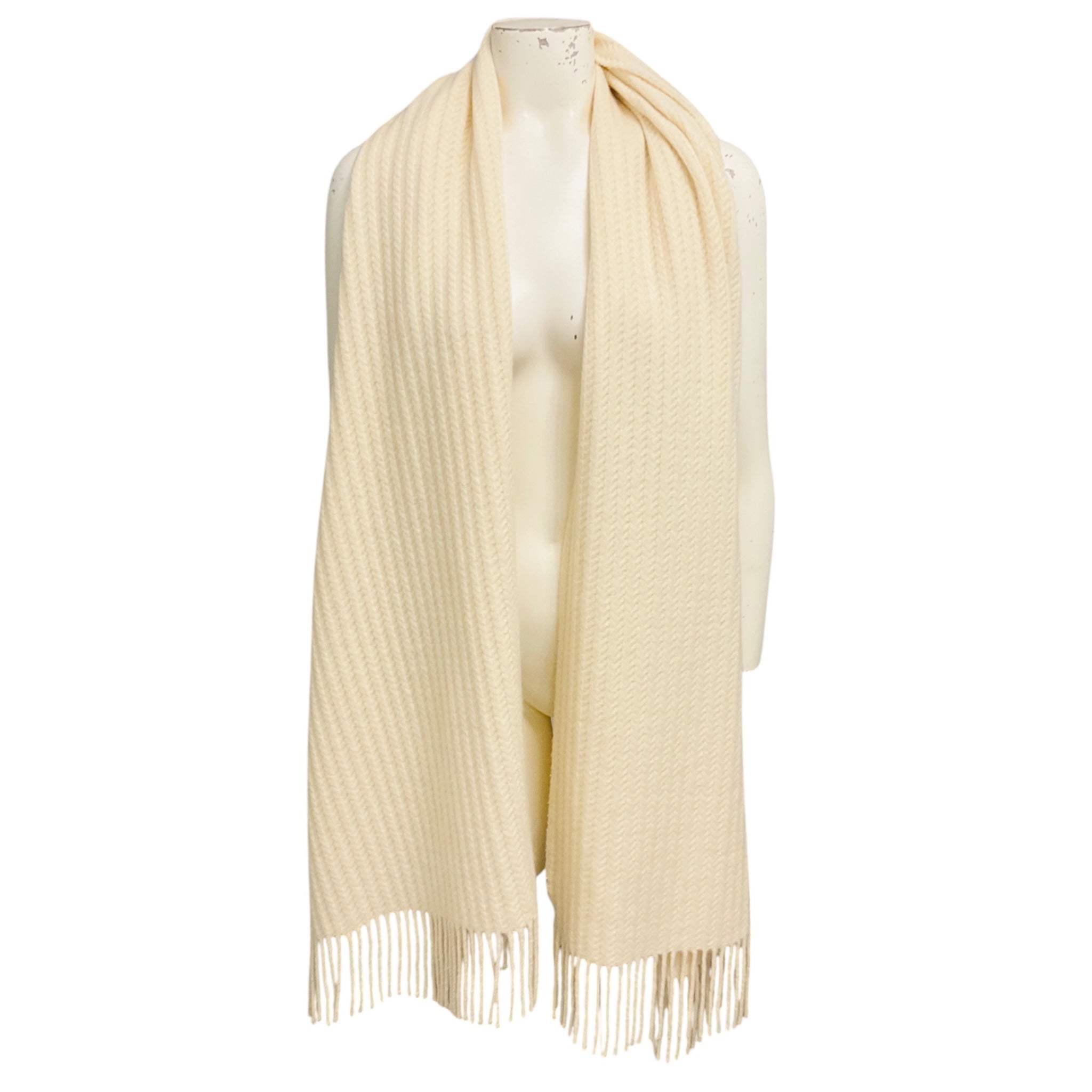 Christian Dior Ivory Fringed CD Logo Bee Embroidered Long Cashmere Knit Scarf