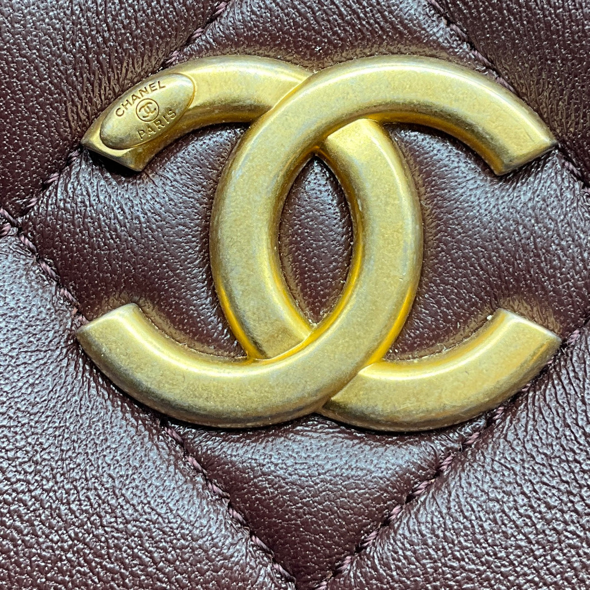 Chanel Burgundy 2023 CC Logo Quilted Lambskin Leather Shopper Tote Handbag with Brushed Gold Hardware