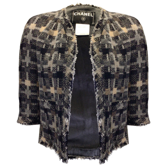 Chanel Grey Multi 2005 Check Pattern Fringed Cropped Tweed Jacket