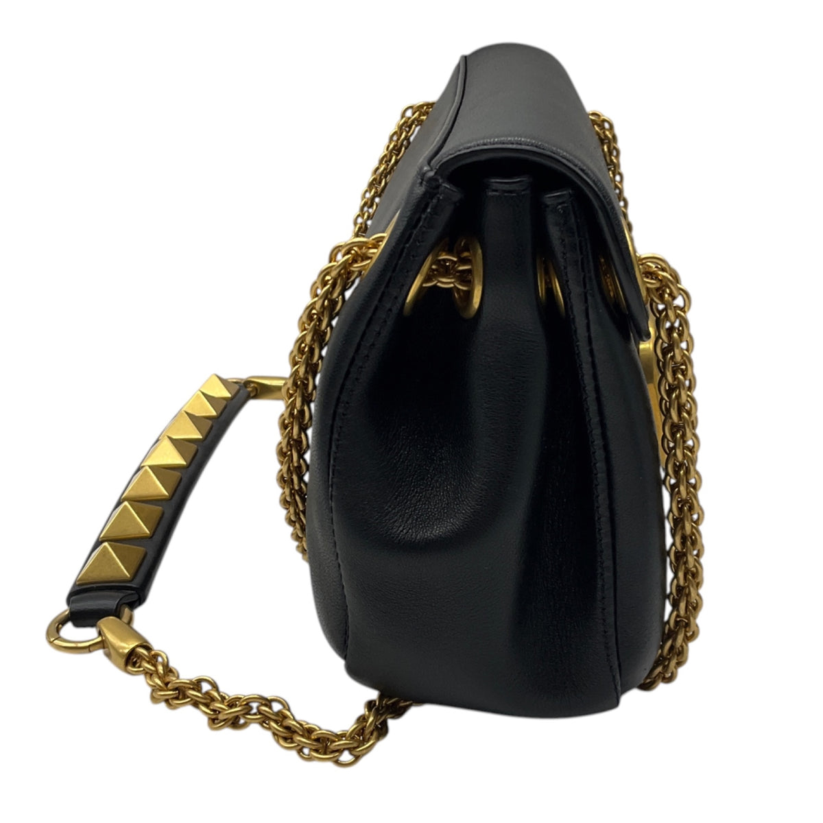 Valentino Black / Gold VLogo Leather Shoulder Bag with Rockstud Embellished Chain Strap