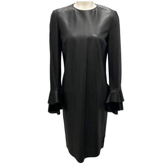 Ralph Lauren Collection Black Ruffled Detail Lambskin Leather Dress with Velvet Trim