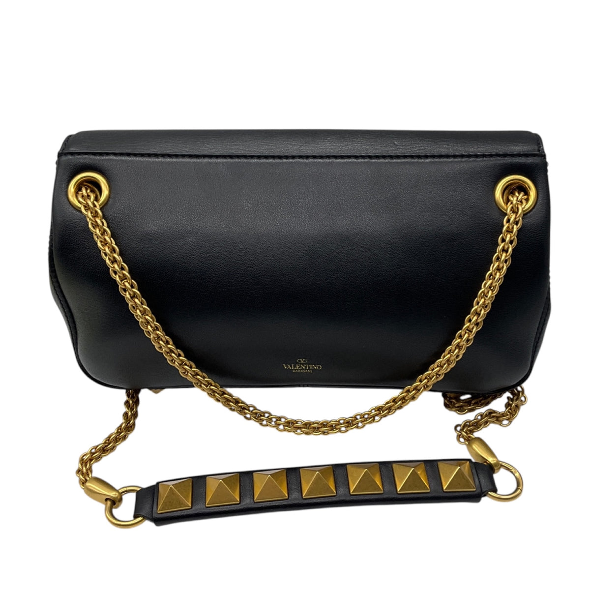 Valentino Black / Gold VLogo Leather Shoulder Bag with Rockstud Embellished Chain Strap
