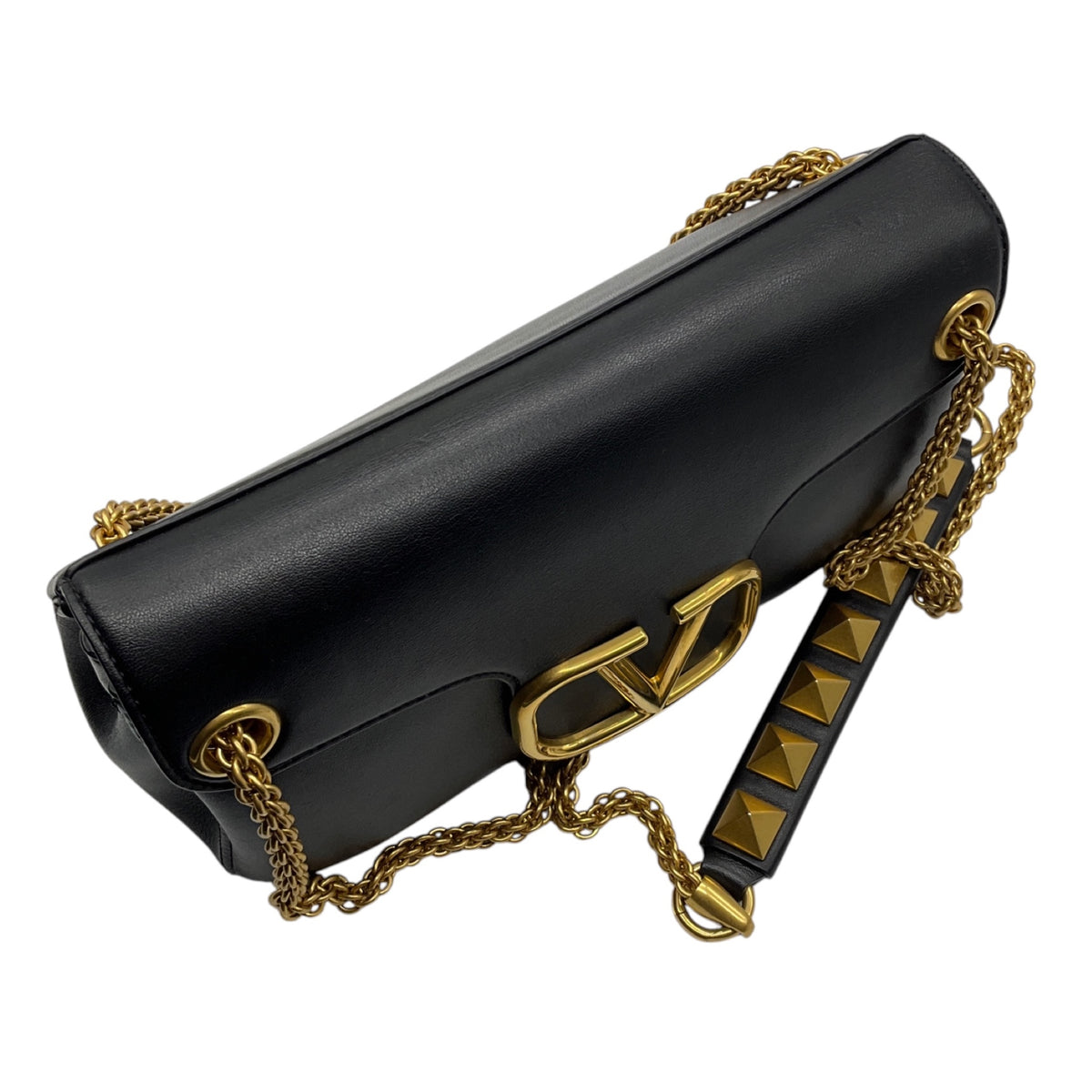 Valentino Black / Gold VLogo Leather Shoulder Bag with Rockstud Embellished Chain Strap