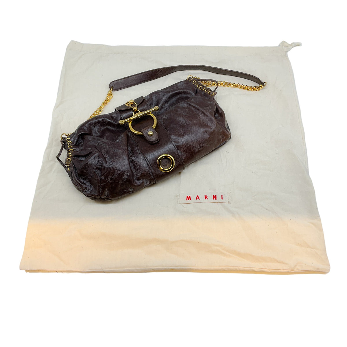 Marni Brown Leather Shoulder Bag with Gold Hardware