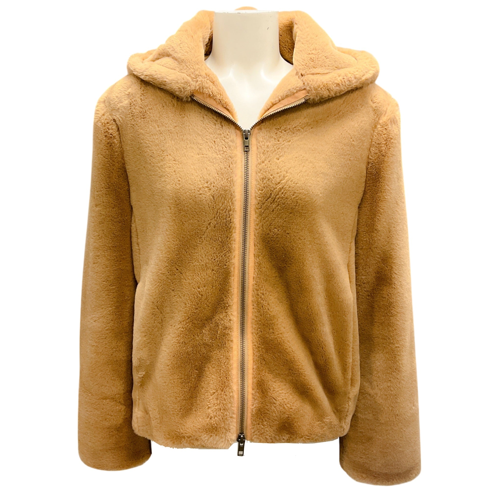 Vince Tan Hooded Zip-Front Faux Fur Jacket