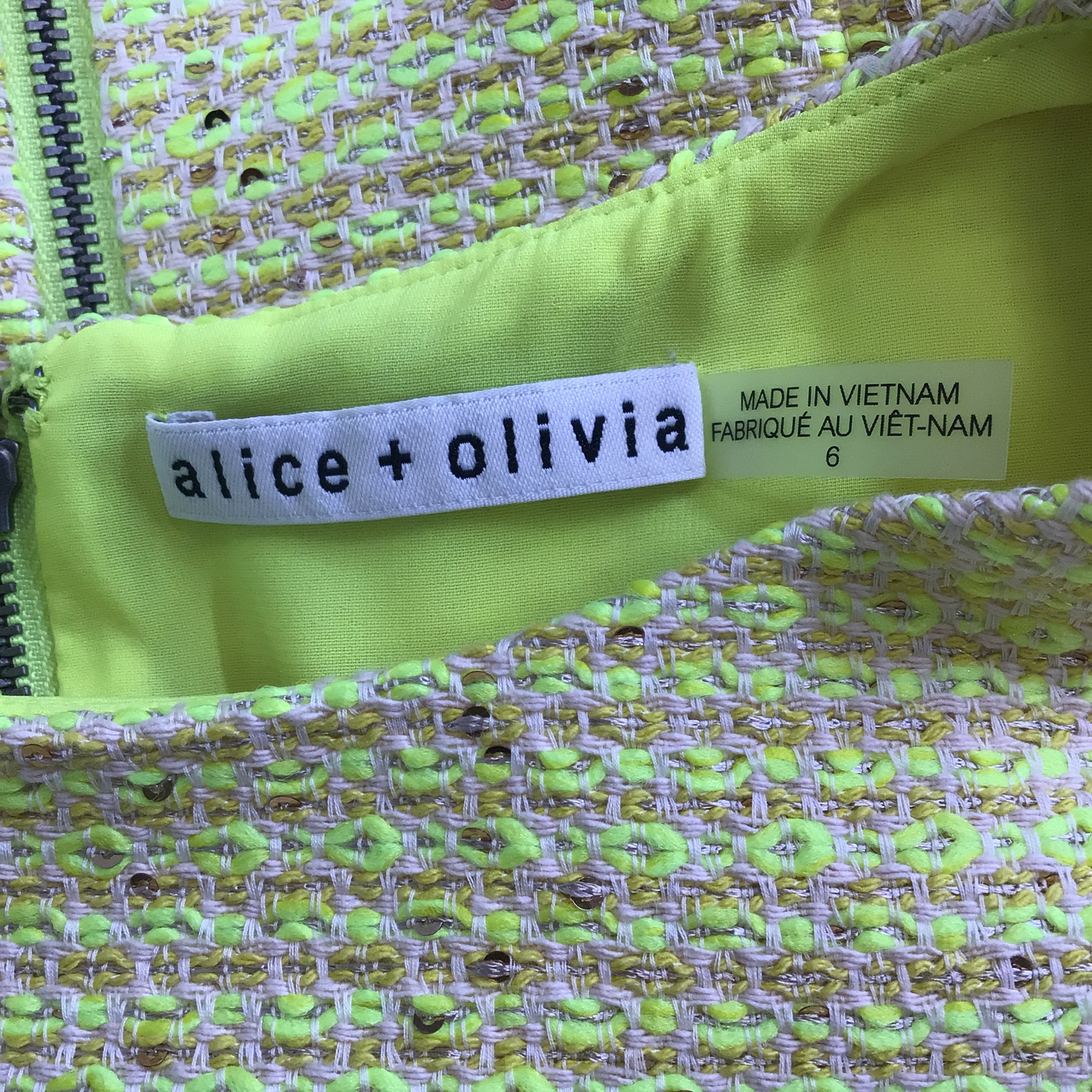 Alice + Olivia Neon Yellow Clyde Sequin Embellished Boucle Tweed Mini Dress