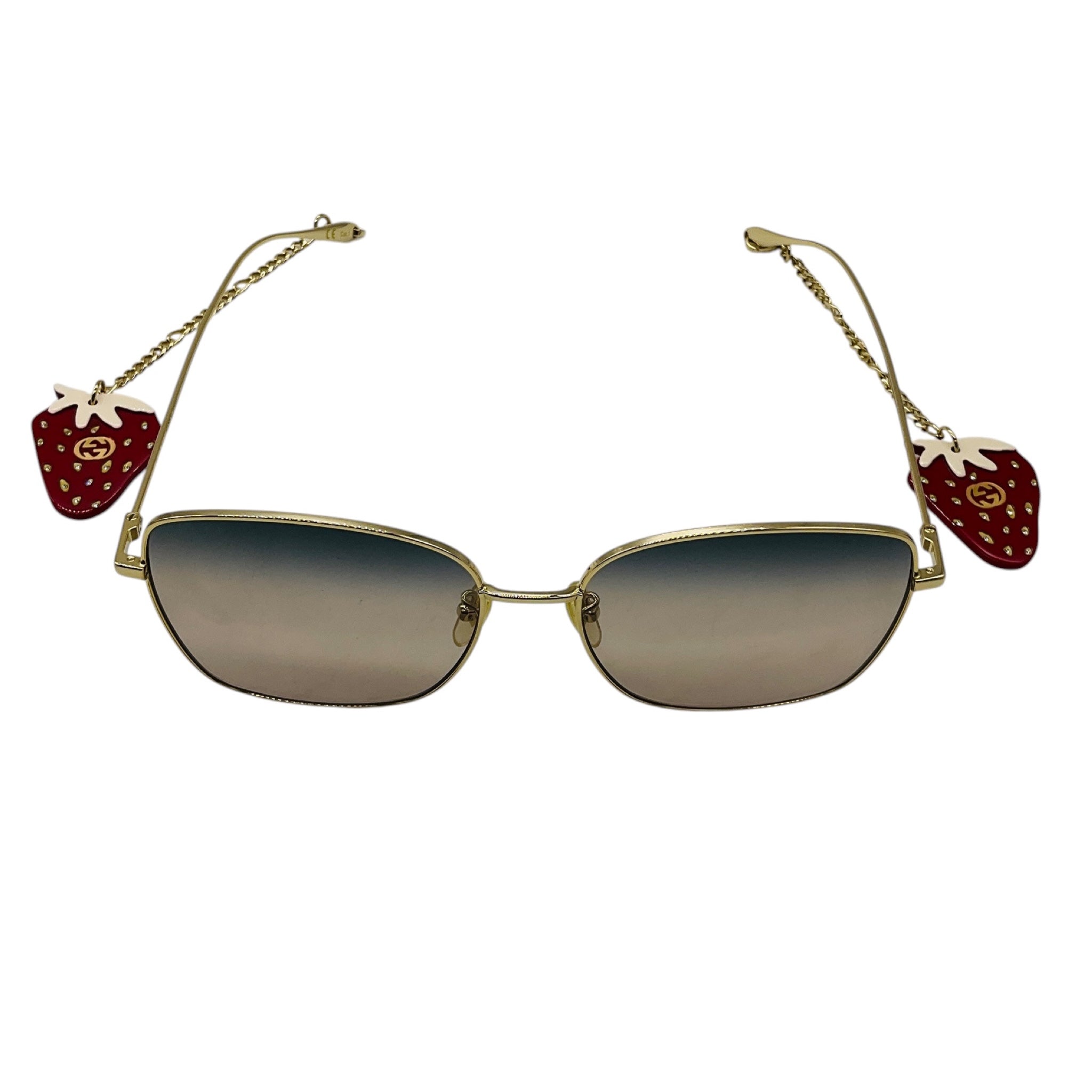 Gucci Gold / Grey Gradient Lens Oversized Square Metal Sunglasses with Strawberry Drops