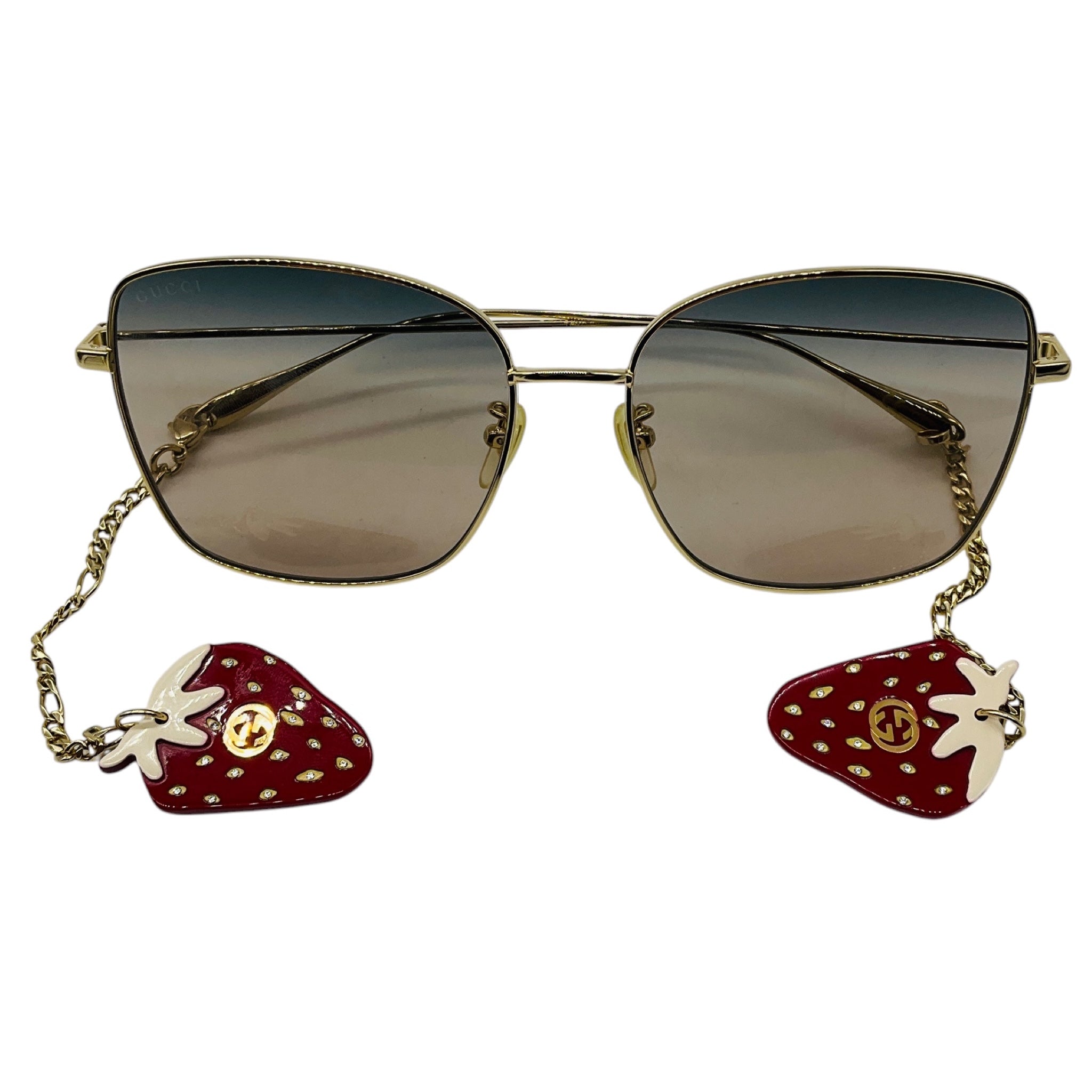 Gucci Gold / Grey Gradient Lens Oversized Square Metal Sunglasses with Strawberry Drops
