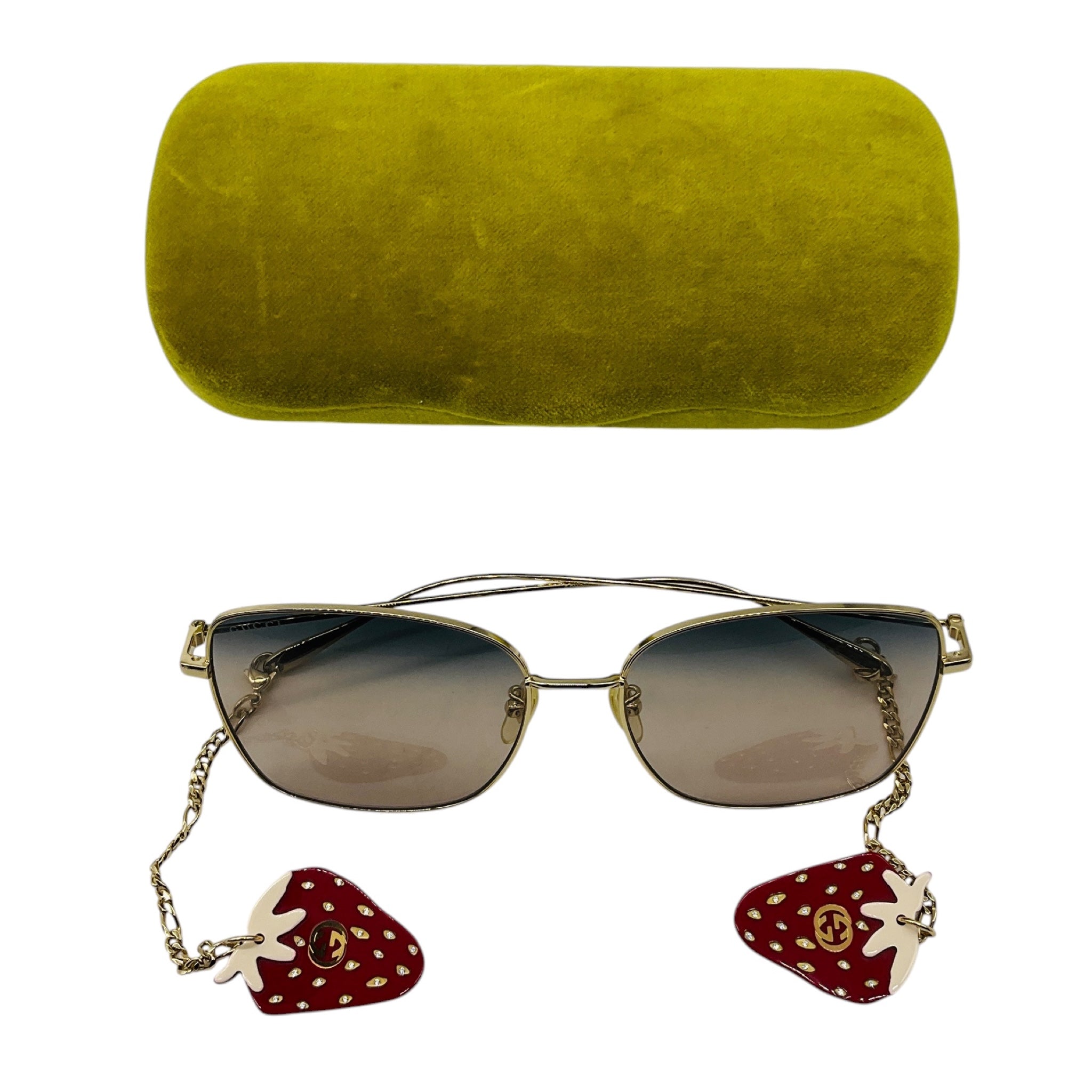 Gucci Gold / Grey Gradient Lens Oversized Square Metal Sunglasses with Strawberry Drops