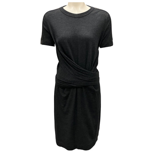 Brunello Cucinelli Charcoal Grey Short Sleeved Jersey Knit Wrap Waist Midi Dress with Monili