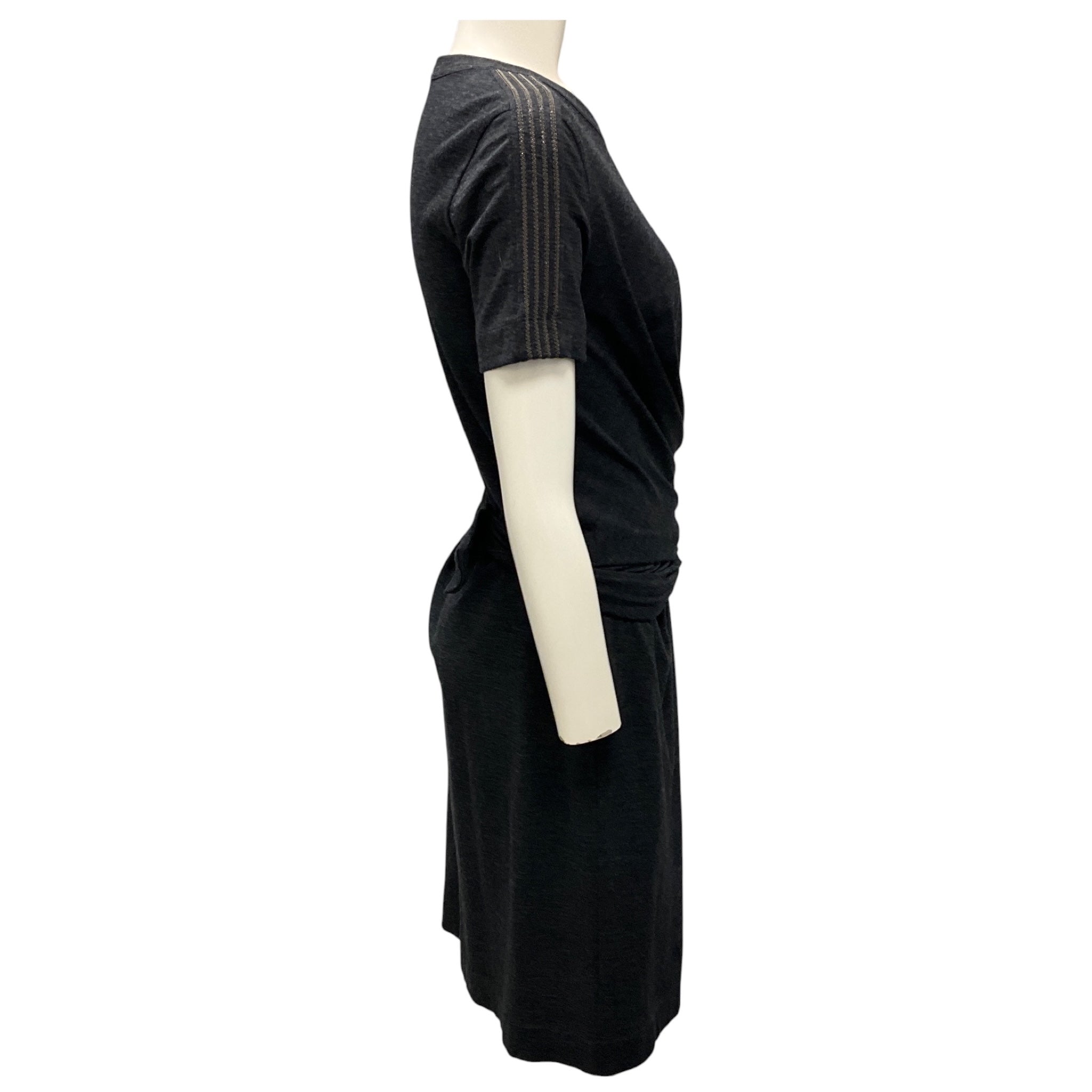 Brunello Cucinelli Charcoal Grey Short Sleeved Jersey Knit Wrap Waist Midi Dress with Monili