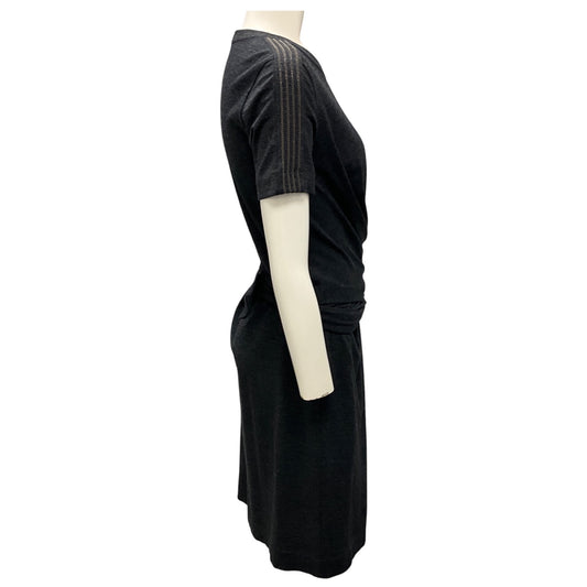 Brunello Cucinelli Charcoal Grey Short Sleeved Jersey Knit Wrap Waist Midi Dress with Monili
