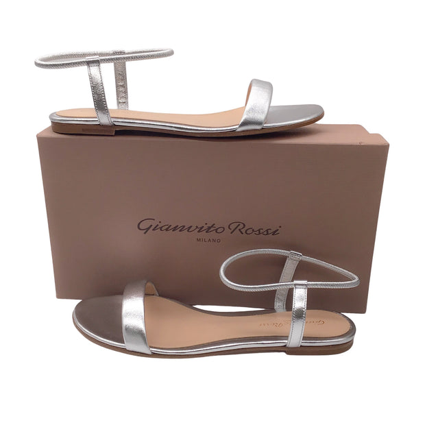 Gianvito Rossi Silver Metallic Jaime Ankle Strap Flat Sandals