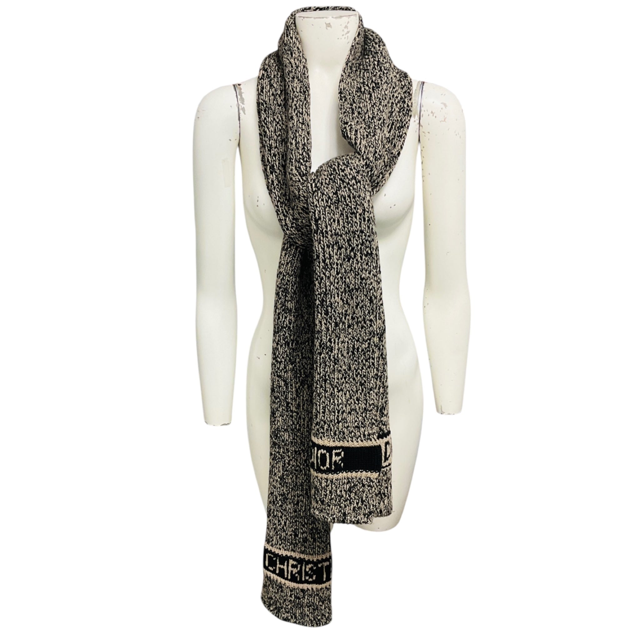 Christian Dior Beige / Brown Wool and Cashmere Logo Knit Long Scarf