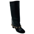 Load image into Gallery viewer, Chanel Black CC Logo Embroidered Tall Leather Boots with Grosgrain Cap Toe and Gold Chain Detail
