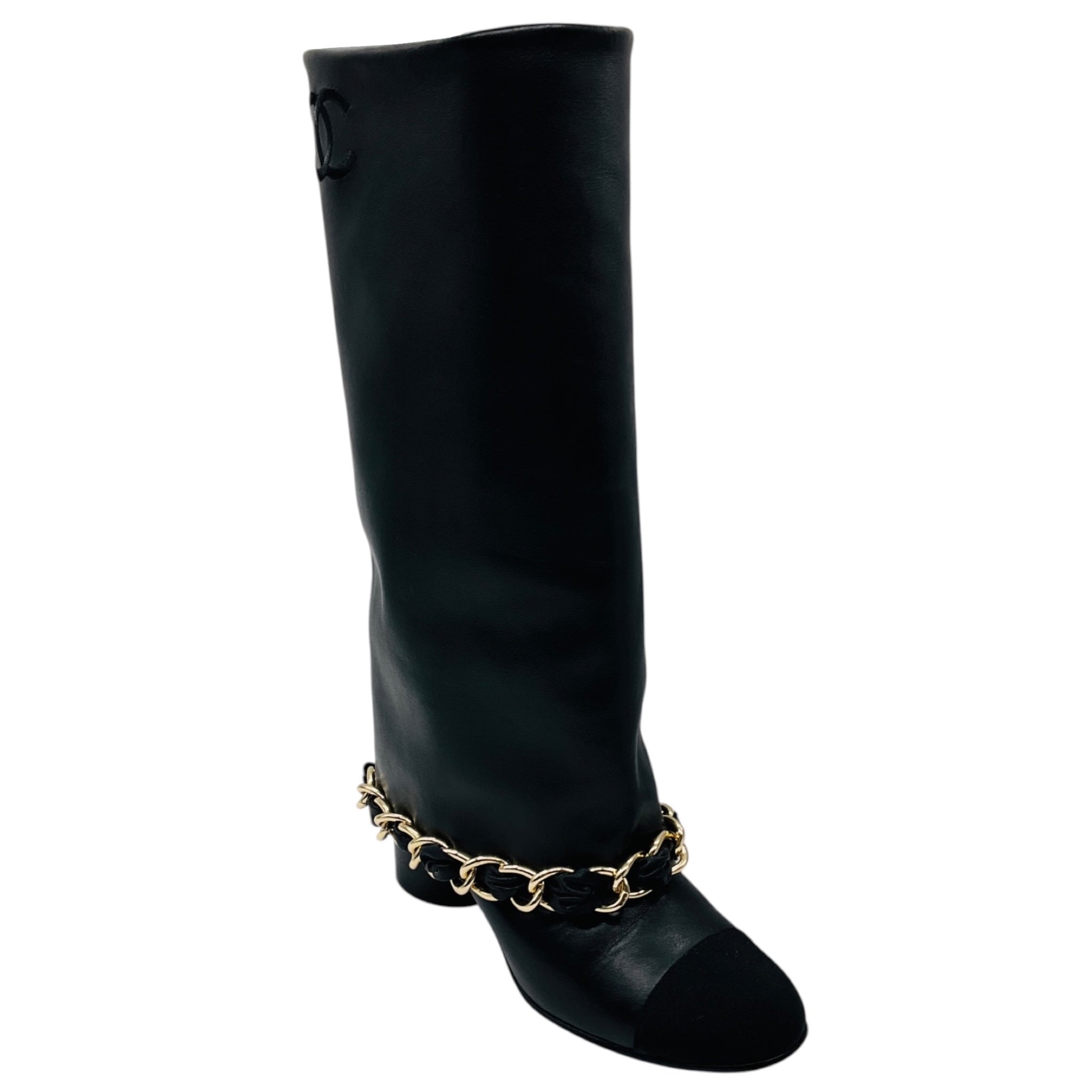 Chanel Black CC Logo Embroidered Tall Leather Boots with Grosgrain Cap Toe and Gold Chain Detail