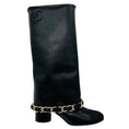 Load image into Gallery viewer, Chanel Black CC Logo Embroidered Tall Leather Boots with Grosgrain Cap Toe and Gold Chain Detail

