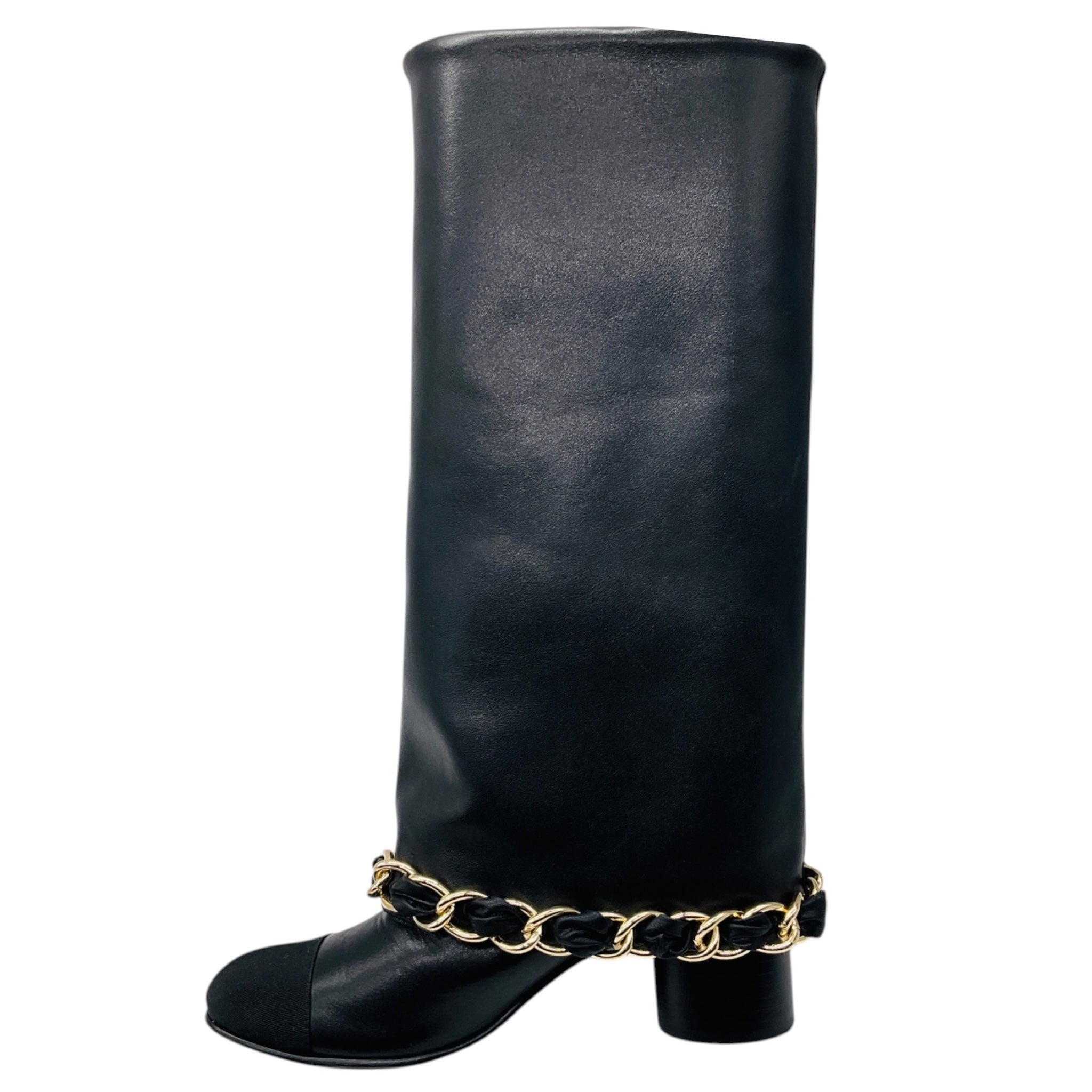 Chanel Black CC Logo Embroidered Tall Leather Boots with Grosgrain Cap Toe and Gold Chain Detail