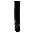 Load image into Gallery viewer, Chanel Black CC Logo Embroidered Tall Leather Boots with Grosgrain Cap Toe and Gold Chain Detail
