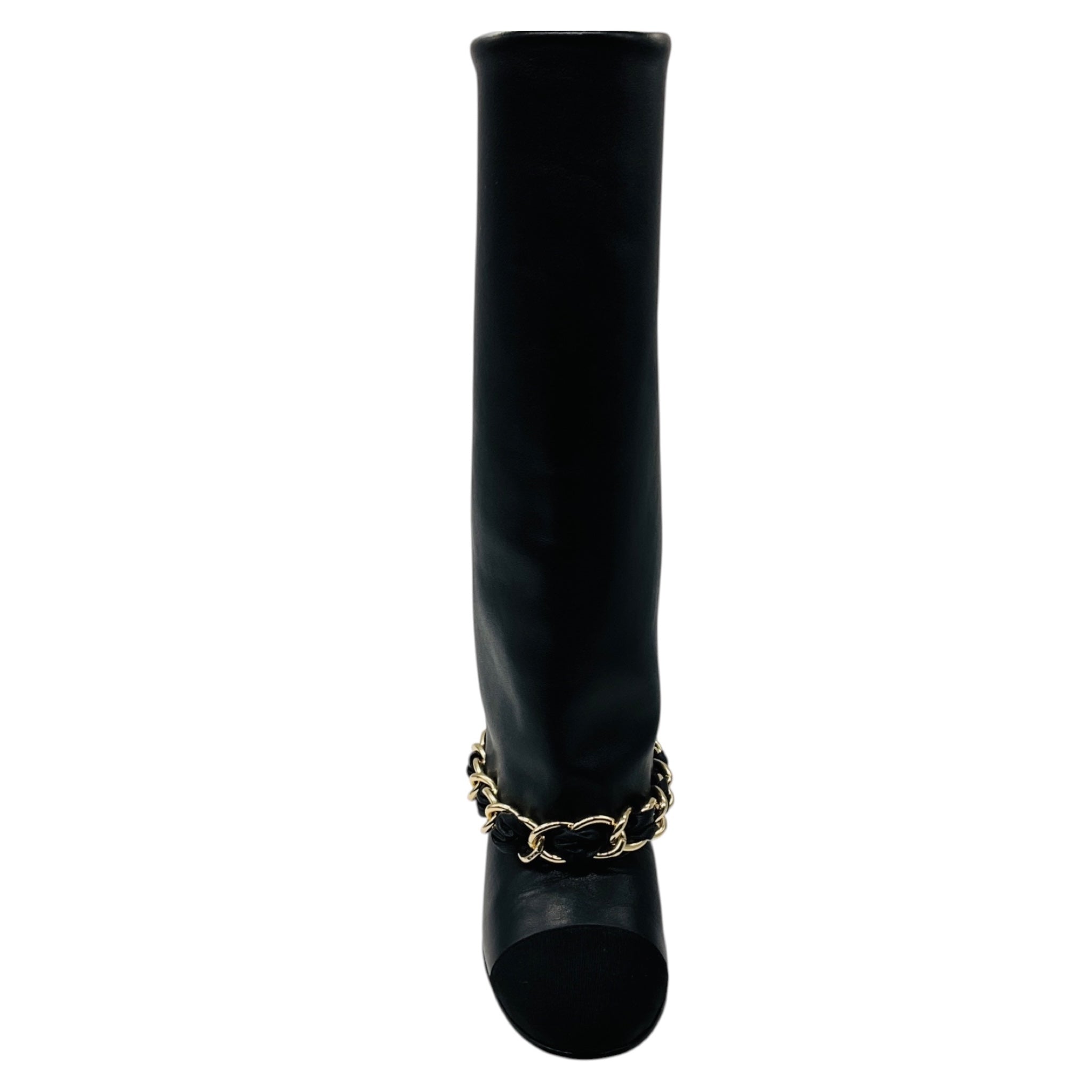 Chanel Black CC Logo Embroidered Tall Leather Boots with Grosgrain Cap Toe and Gold Chain Detail