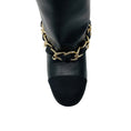 Load image into Gallery viewer, Chanel Black CC Logo Embroidered Tall Leather Boots with Grosgrain Cap Toe and Gold Chain Detail
