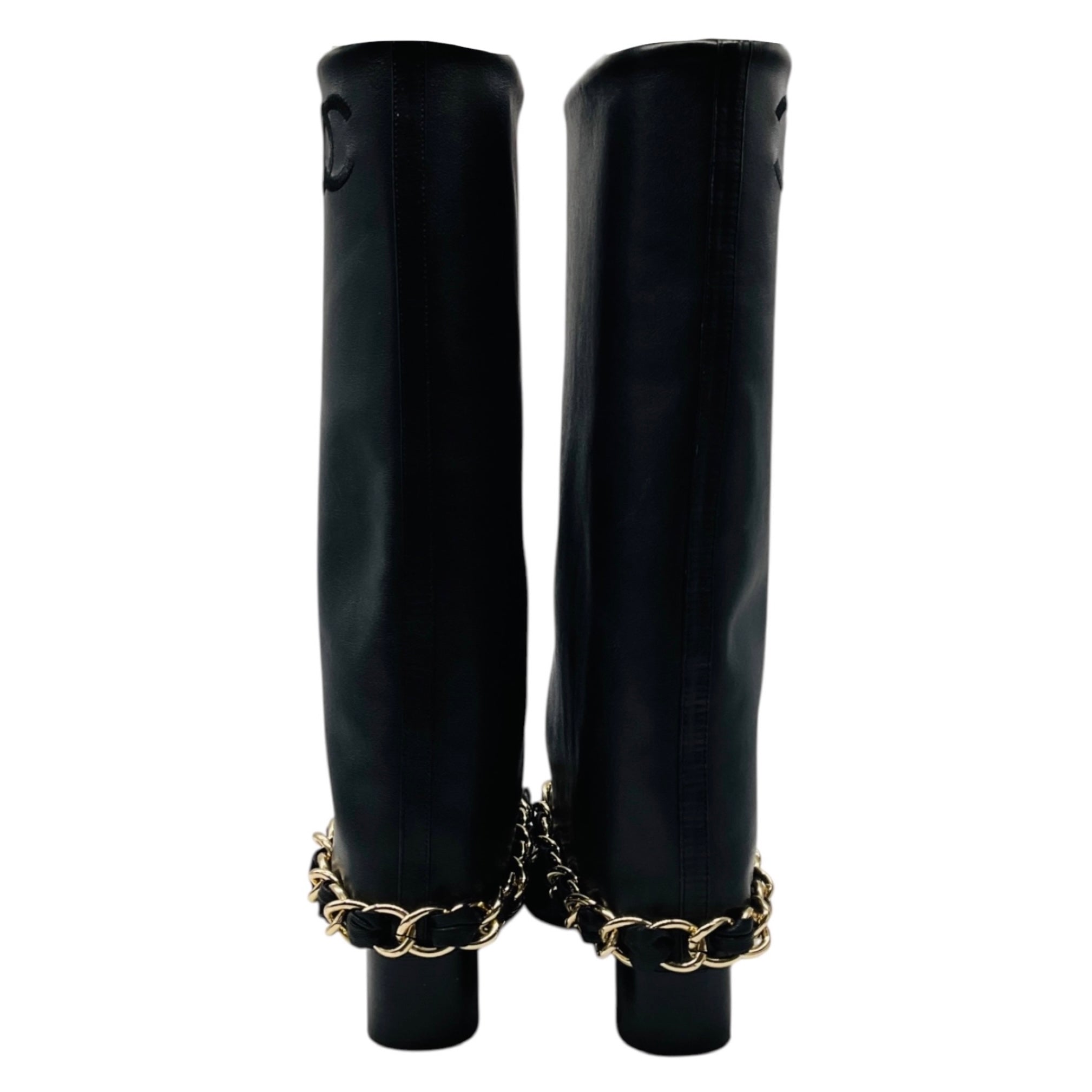 Chanel Black CC Logo Embroidered Tall Leather Boots with Grosgrain Cap Toe and Gold Chain Detail