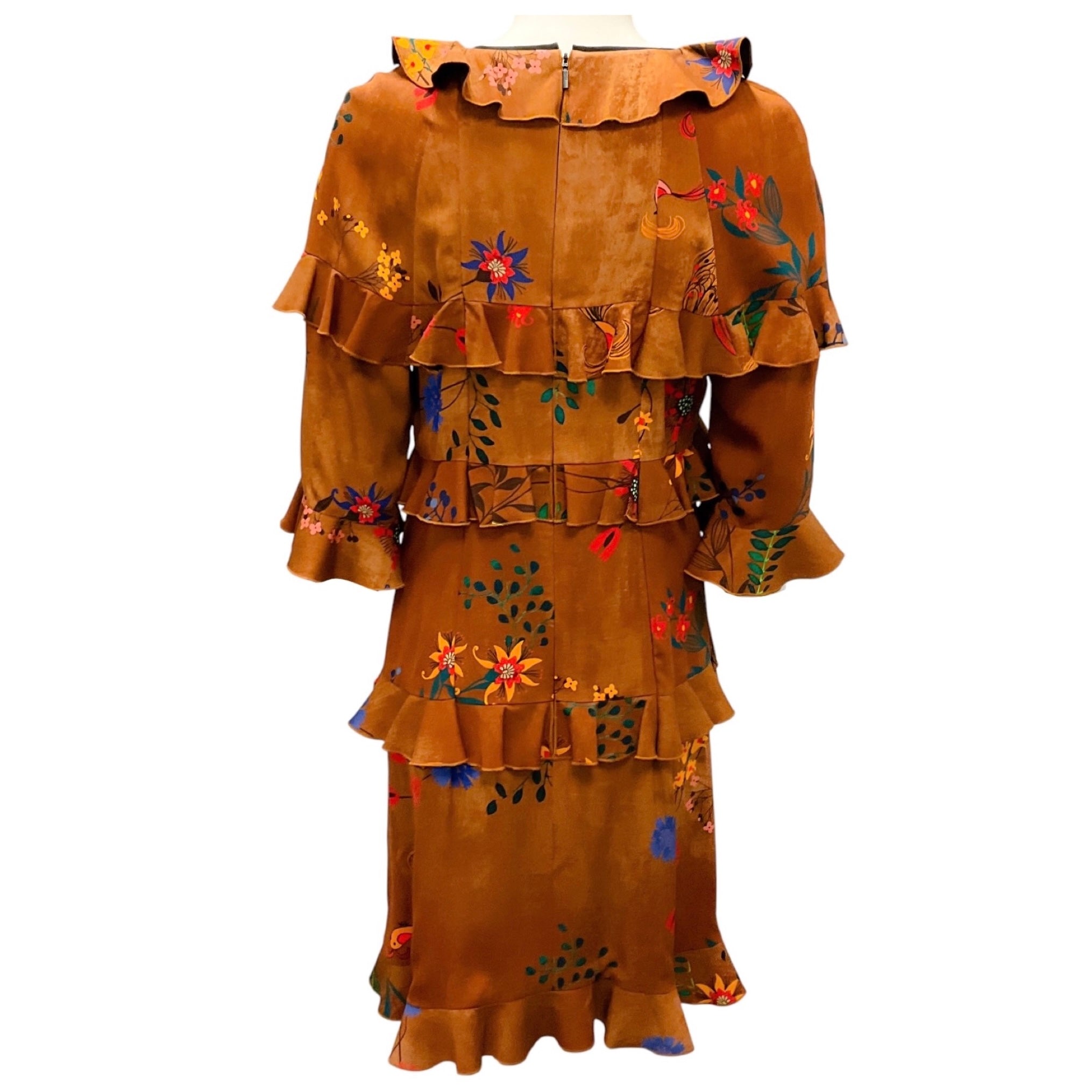 Fendi Brown Multi Floral Printed Ruffled Silk Dress
