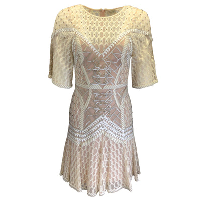 Temperley London Beige Beaded, Embroidered, and Crystal Embellished Silk Mesh Tulle Dress