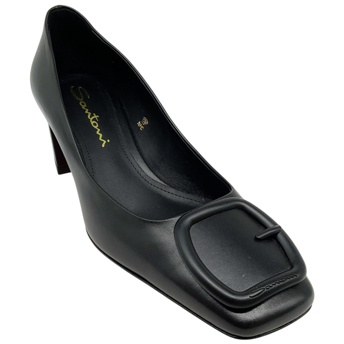 Santoni Black Leather Hasmig Buckle Pumps
